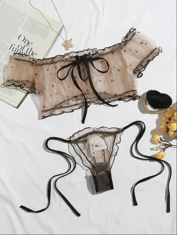 Image of Foreign trade sources European and American new erotic underwear Sexy women's mesh see-through off-the-shoulder bandeau underwear set